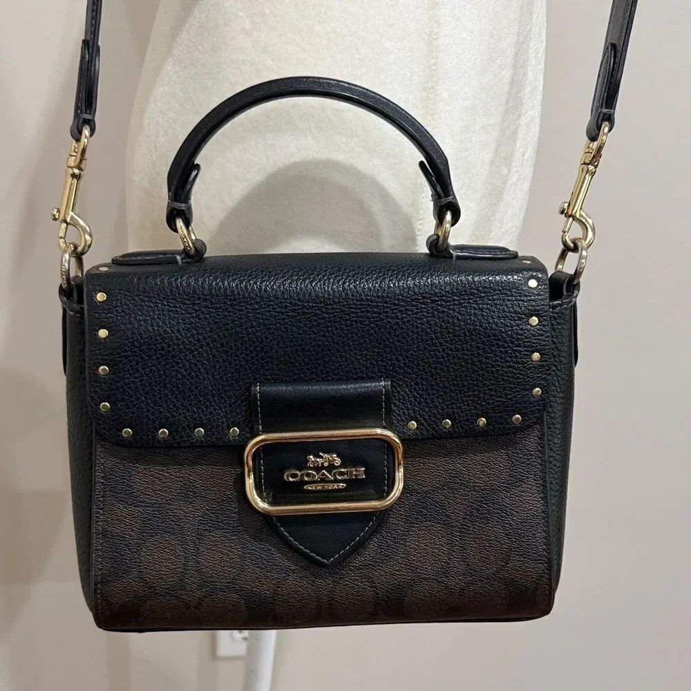 Coach Top Handle Satchel In Color Block Signature Canvas With Rivets